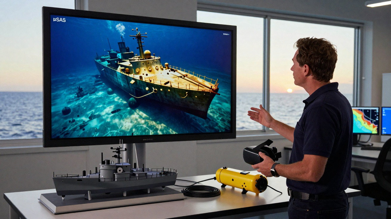 Homem em escritório com realidade virtual mostra naufrágio no ecrã à frente com modelo de navio e equipamento numa mesa.