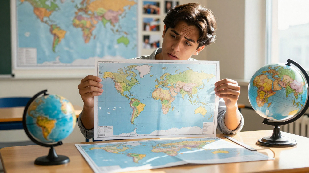 Homem jovem numa sala de aula segurando um mapa do mundo, rodeado por dois globos terrestres.