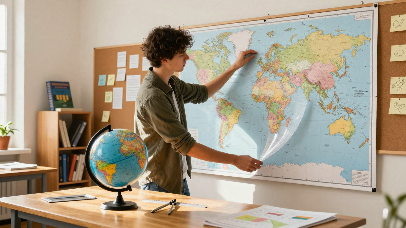 Jovem a apontar para um mapa-múndi num ambiente de estudo com globo terrestre sobre a mesa.