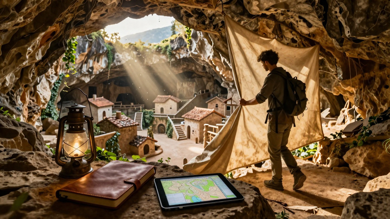 Jovem explora aldeia em miniatura dentro de caverna iluminada por luz natural e lâmpada a óleo.