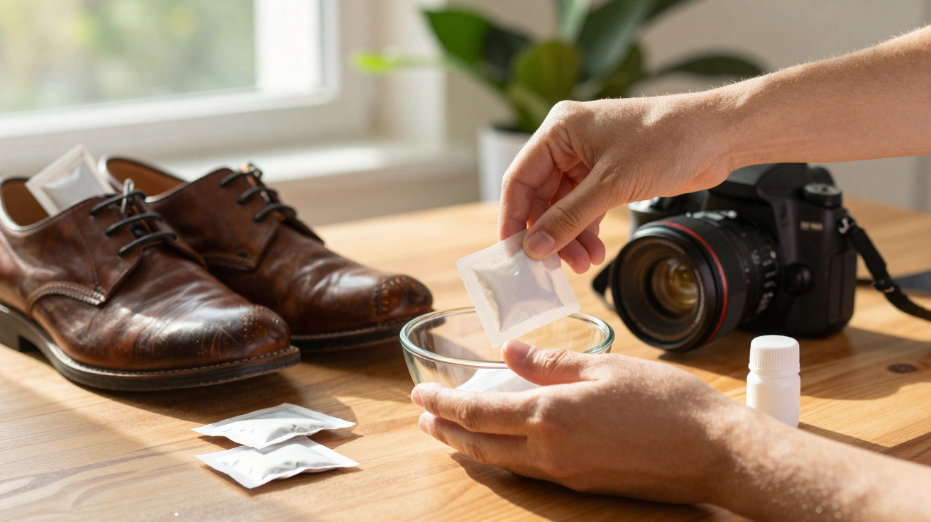 Mãos preparando solução para limpar sapatos de couro castanho junto a uma câmara fotográfica numa mesa de madeira.