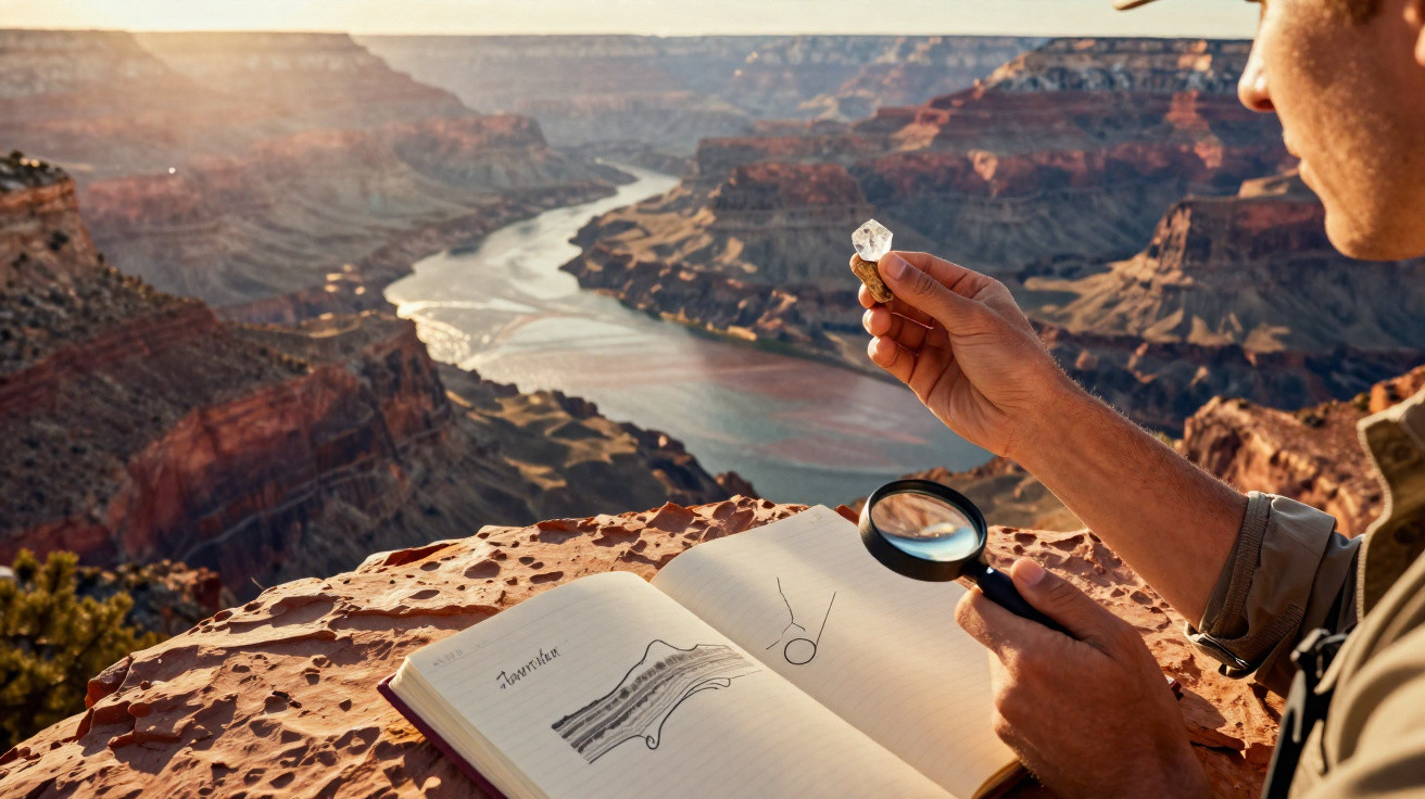 Pessoa a estudar mapa e mineral com lupa numa falésia sobre um rio serpenteante num canyon.