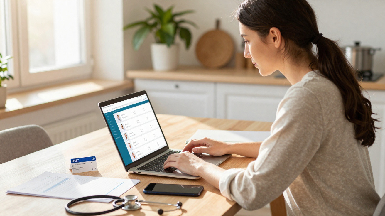 Mulher a trabalhar num computador portátil numa mesa com estetoscópio, telemóvel e documentos médicos.