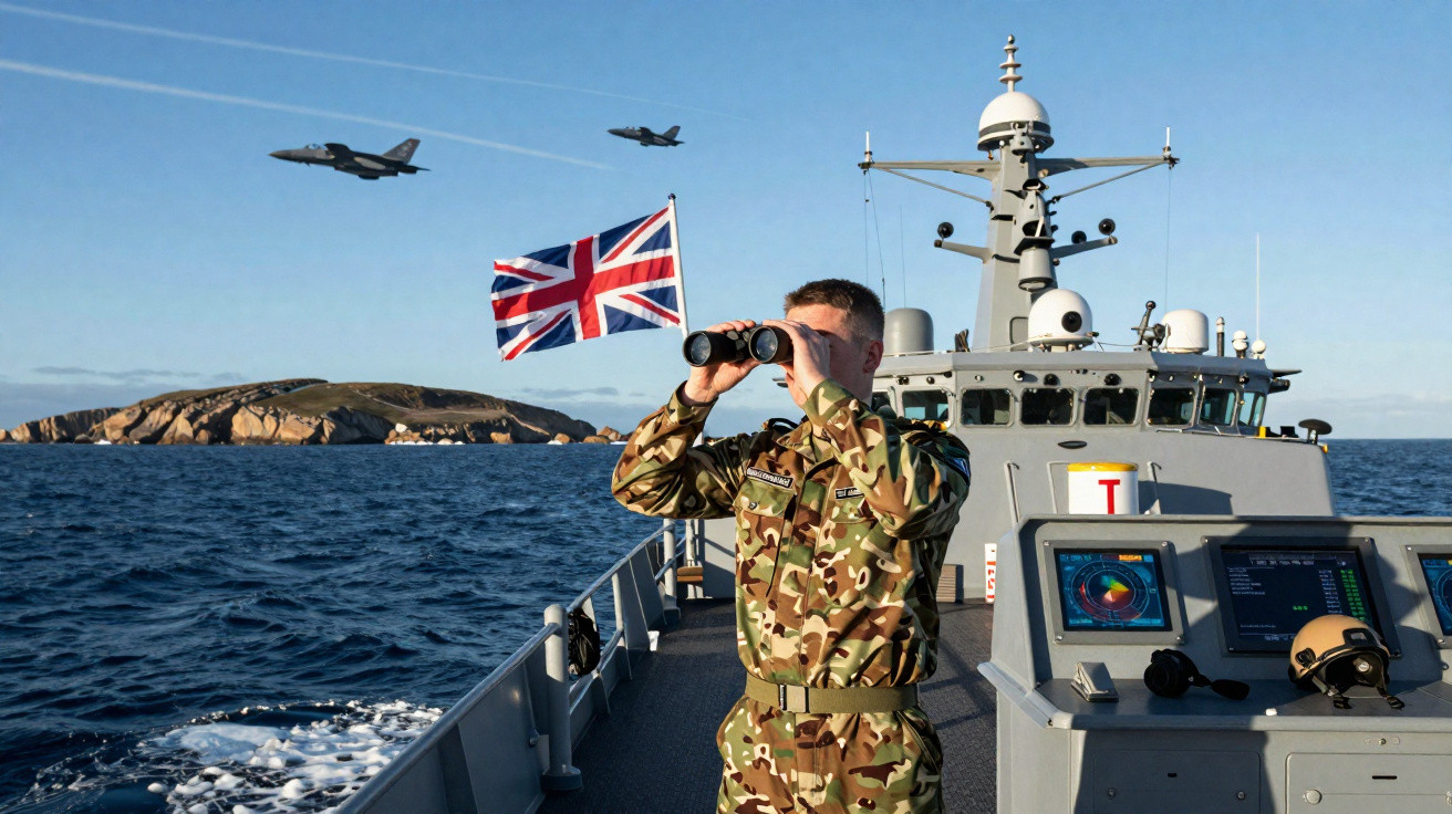 Soldado com binóculos num navio militar britânico com dois aviões sobrevoando ao fundo.