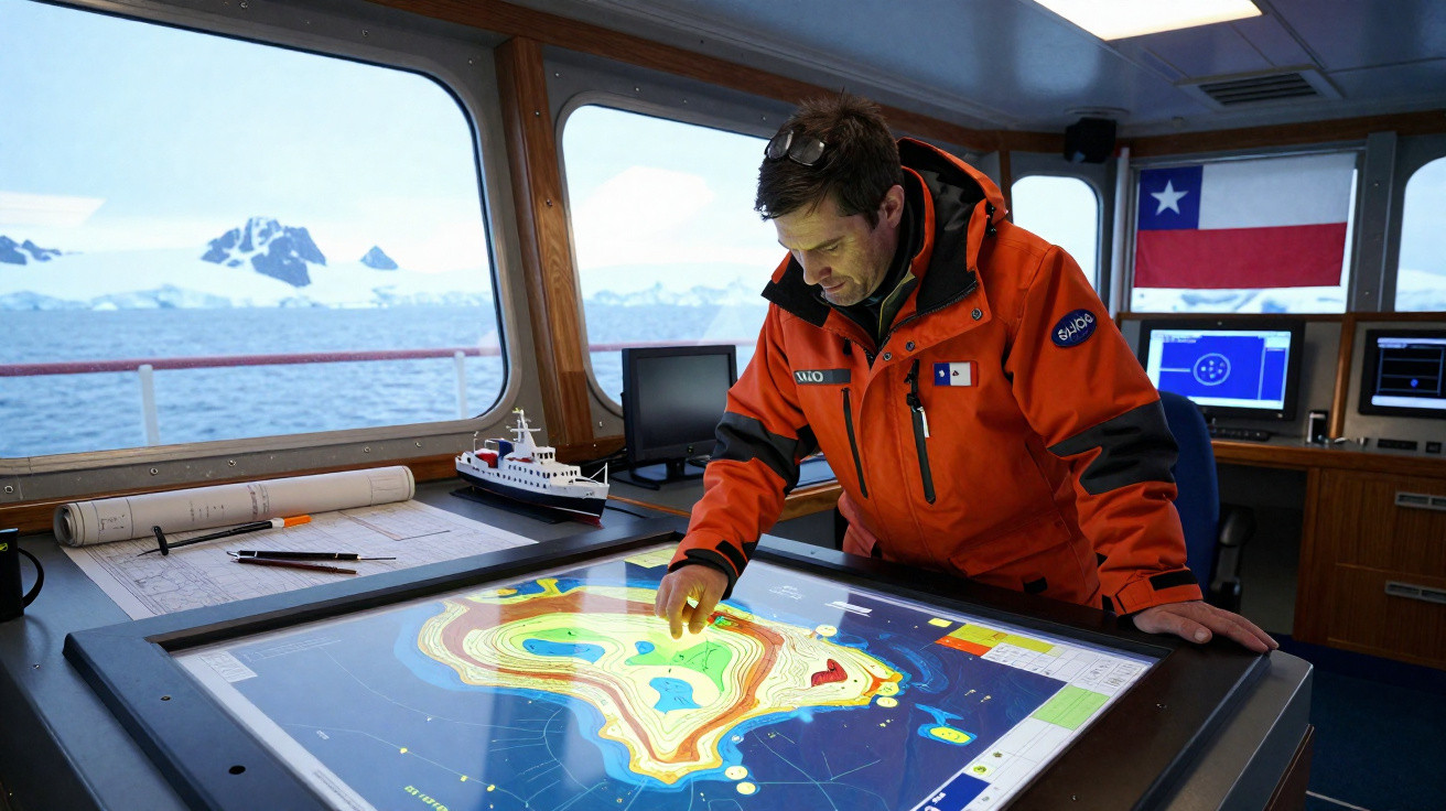 Homem em casaco laranja analisa mapa digital de ilha no interior de cabine de navio com vista para mar e montanhas.