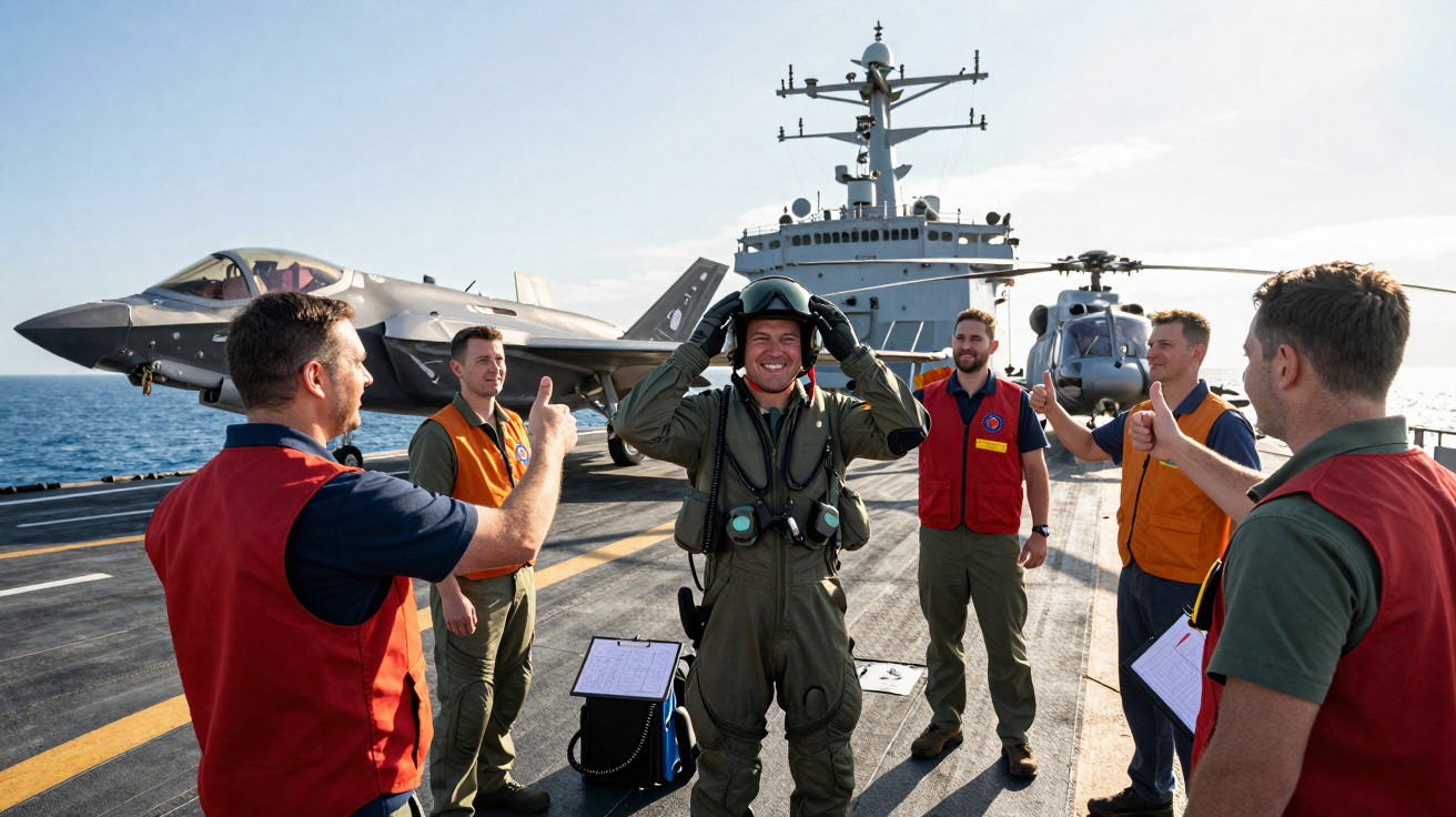 Grupo de militares numa pista de porta-aviões, com caças e helicóptero ao fundo, celebrando com polegares para cima.