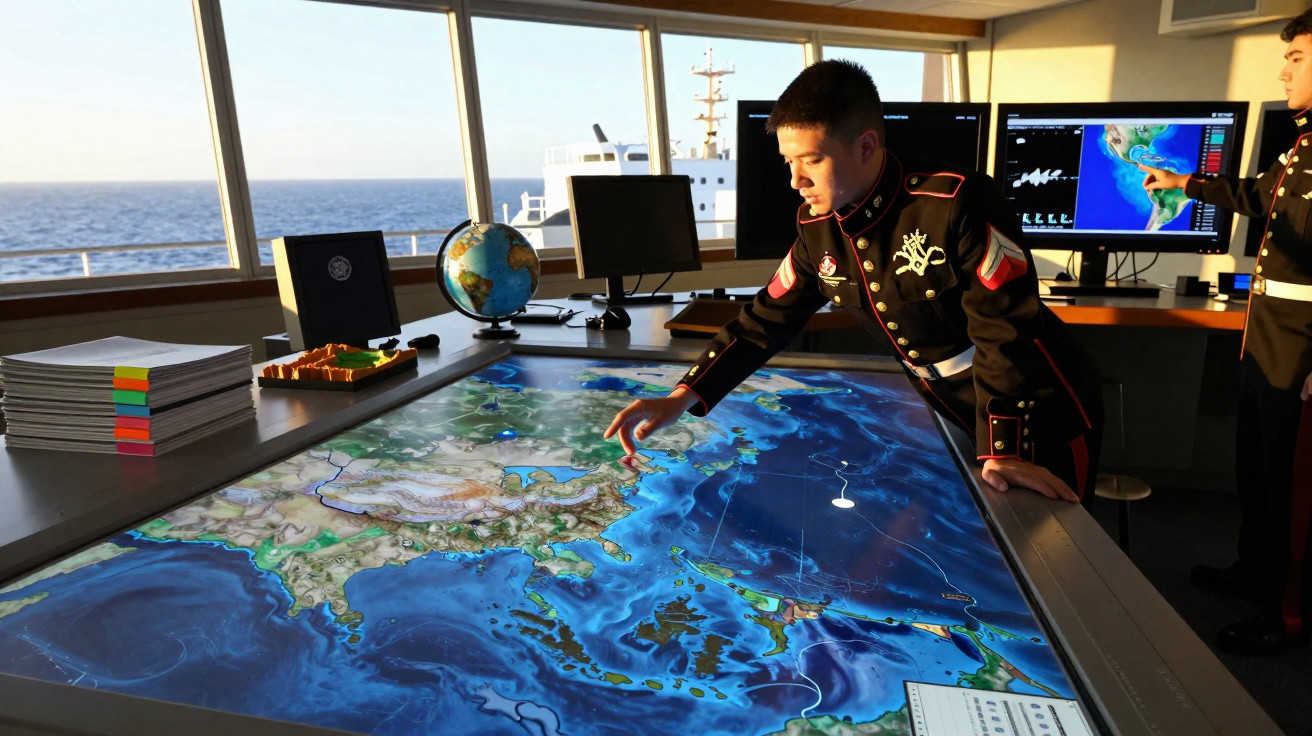 Militares em uniforme naval analisam mapa digital de navegação marítima numa sala de comando com janelas para o mar.