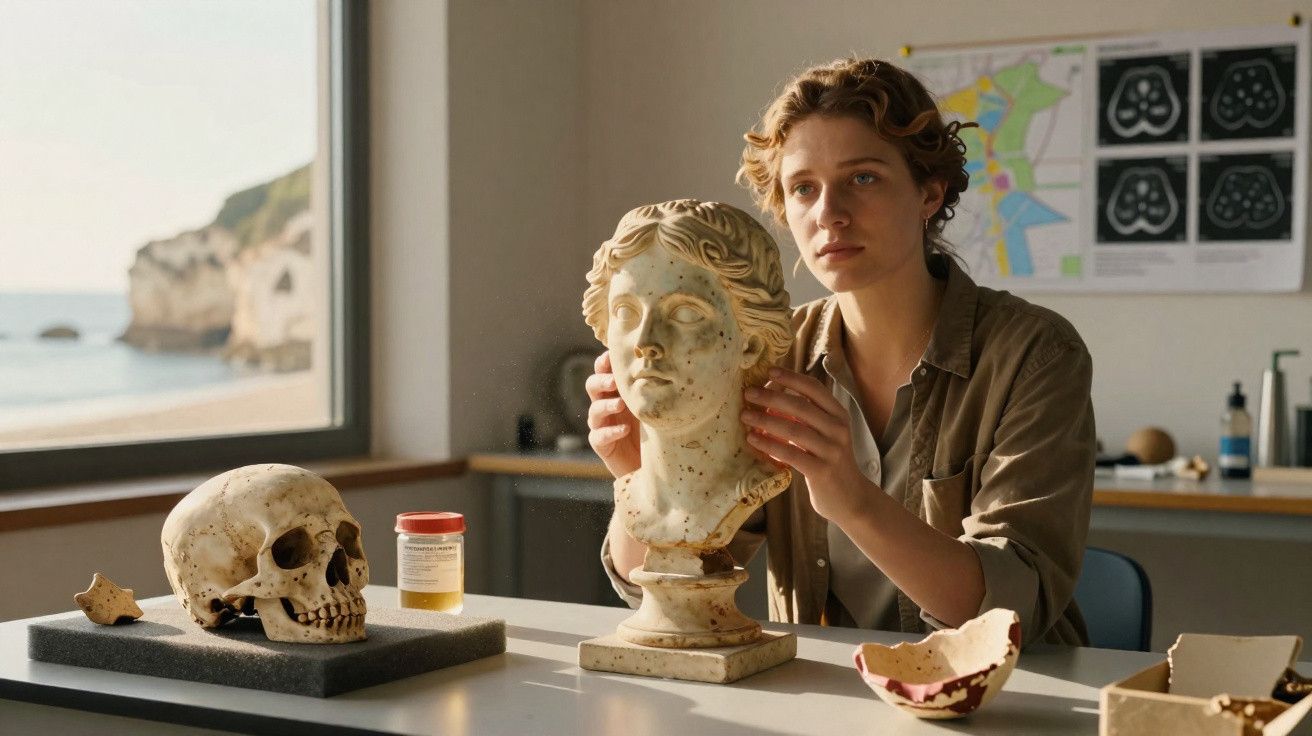 Mulher em laboratório a analisar busto de escultura ao lado de crânio humano e fragmentos ósseos.