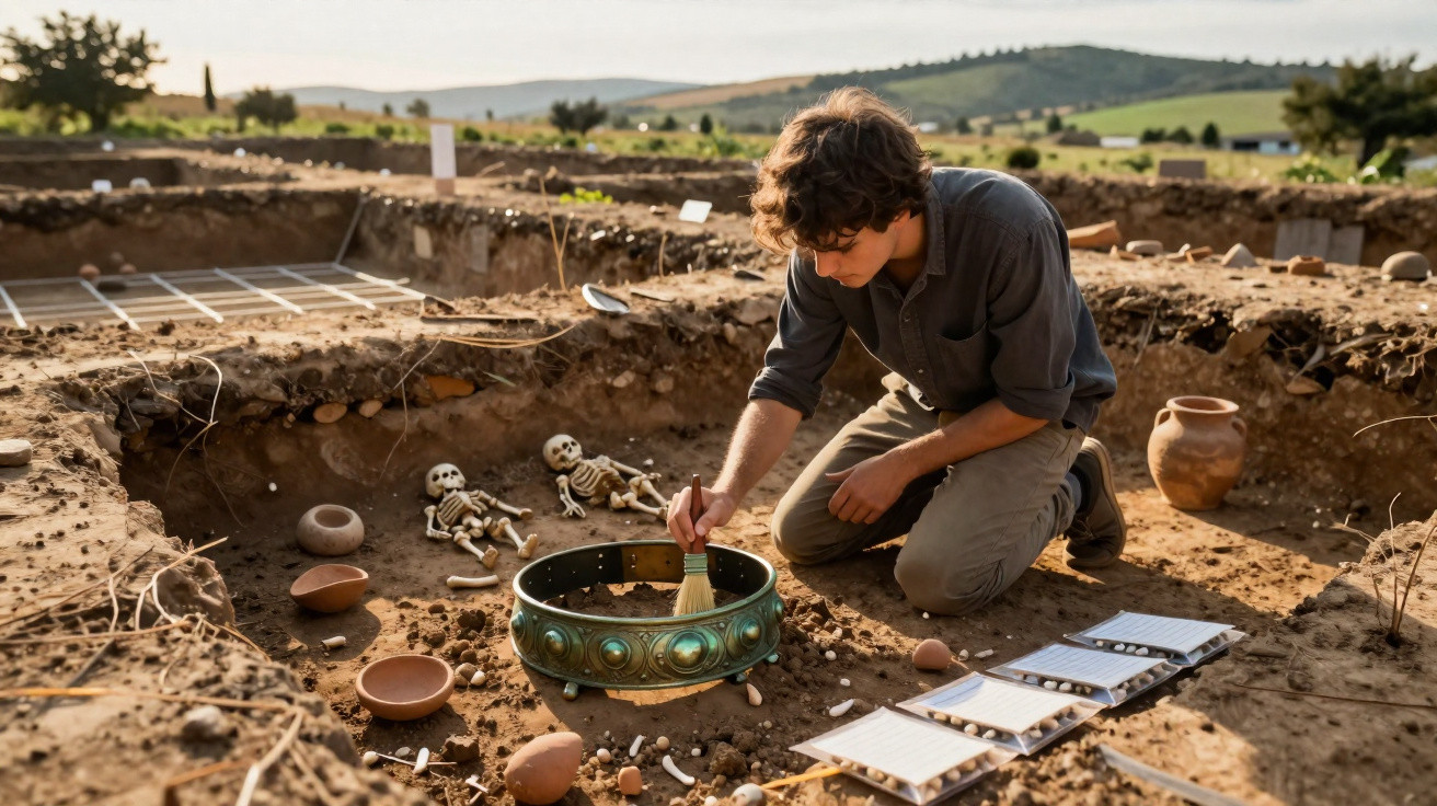 Arqueólogo escava e limpa artefatos perto de dois esqueletos em sítio arqueológico rural.