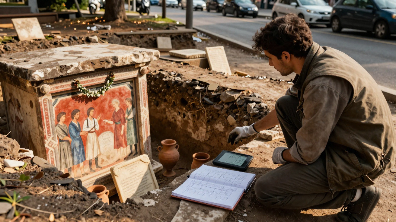 Arqueólogo examina tumba antiga com pinturas murais e anotações numa zona de escavação urbana.