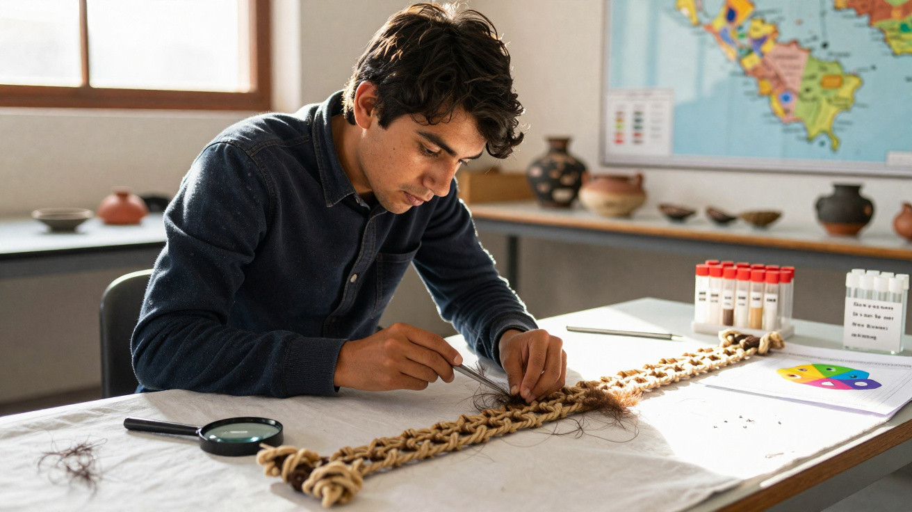 Jovem analisa fios de cabelo em laboratório com lupa e tubos de ensaio numa mesa com mapa ao fundo.