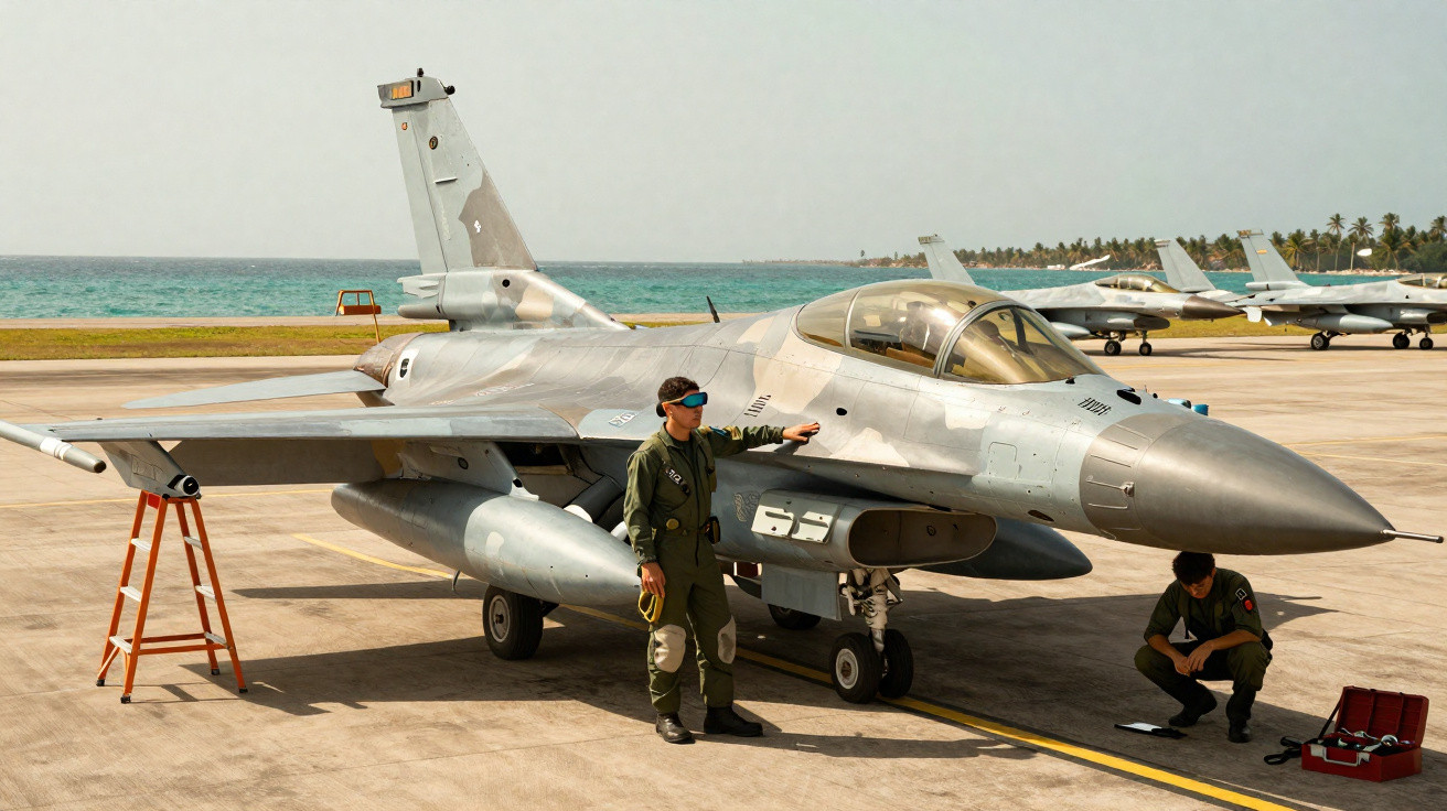 Caça militar estacionado num aeroporto próximo do mar com dois homens fardados ao lado.