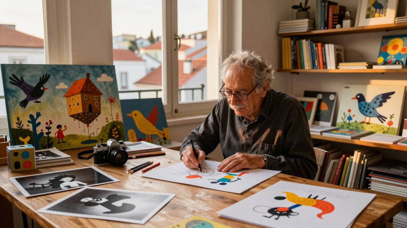 Idoso a desenhar ilustrações coloridas numa mesa cheia de desenhos e livros numa sala iluminada.