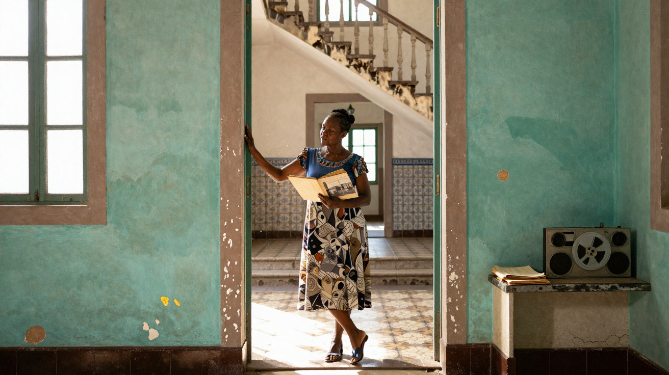 Mulher com vestido estampado lê livro encostada à porta de casa com paredes verdes e escadas ao fundo.
