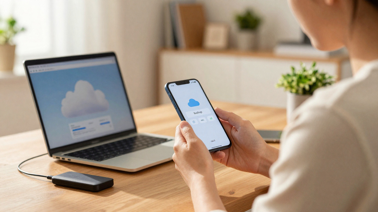 Pessoa a fazer backup no telemóvel com computador portátil e disco rígido externo numa mesa de madeira.