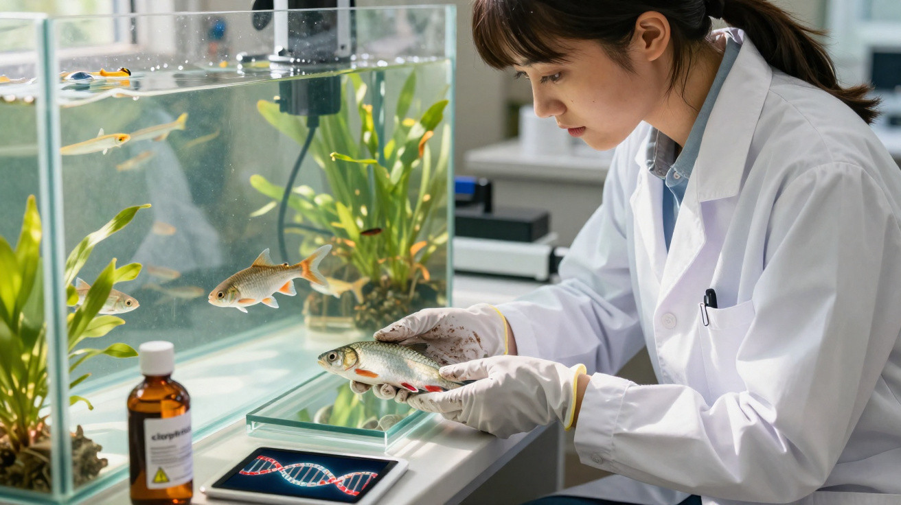 Cientista em laboratório a examinar peixe com aquário, planta e representação de ADN no tablet.