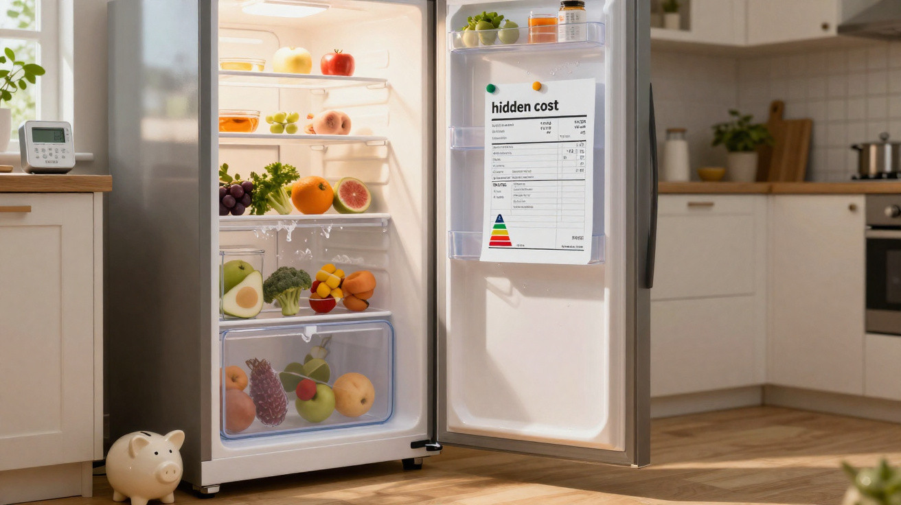 Frigorífico aberto em cozinha moderna com frutas, legumes e etiqueta de eficiência energética na porta.
