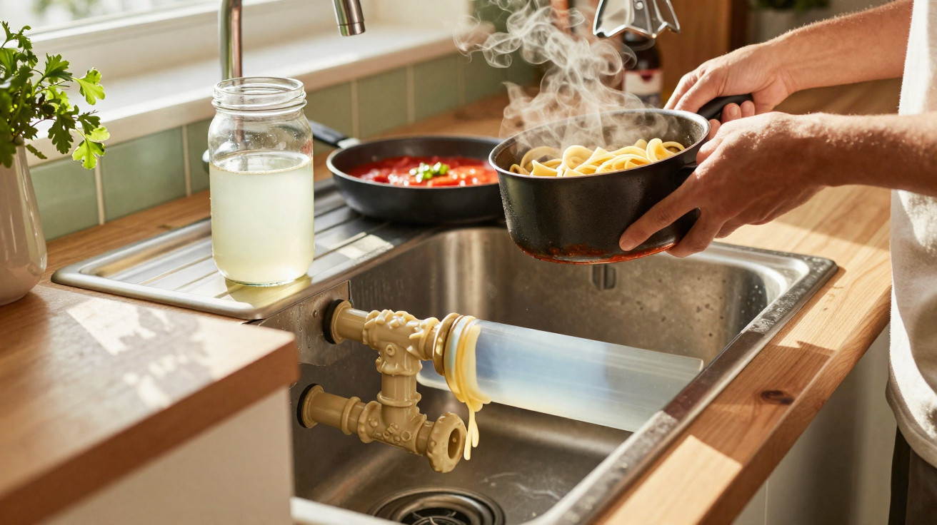 Pessoa a colocar massa quente numa canalização sobre lava-loiças numa cozinha iluminada.