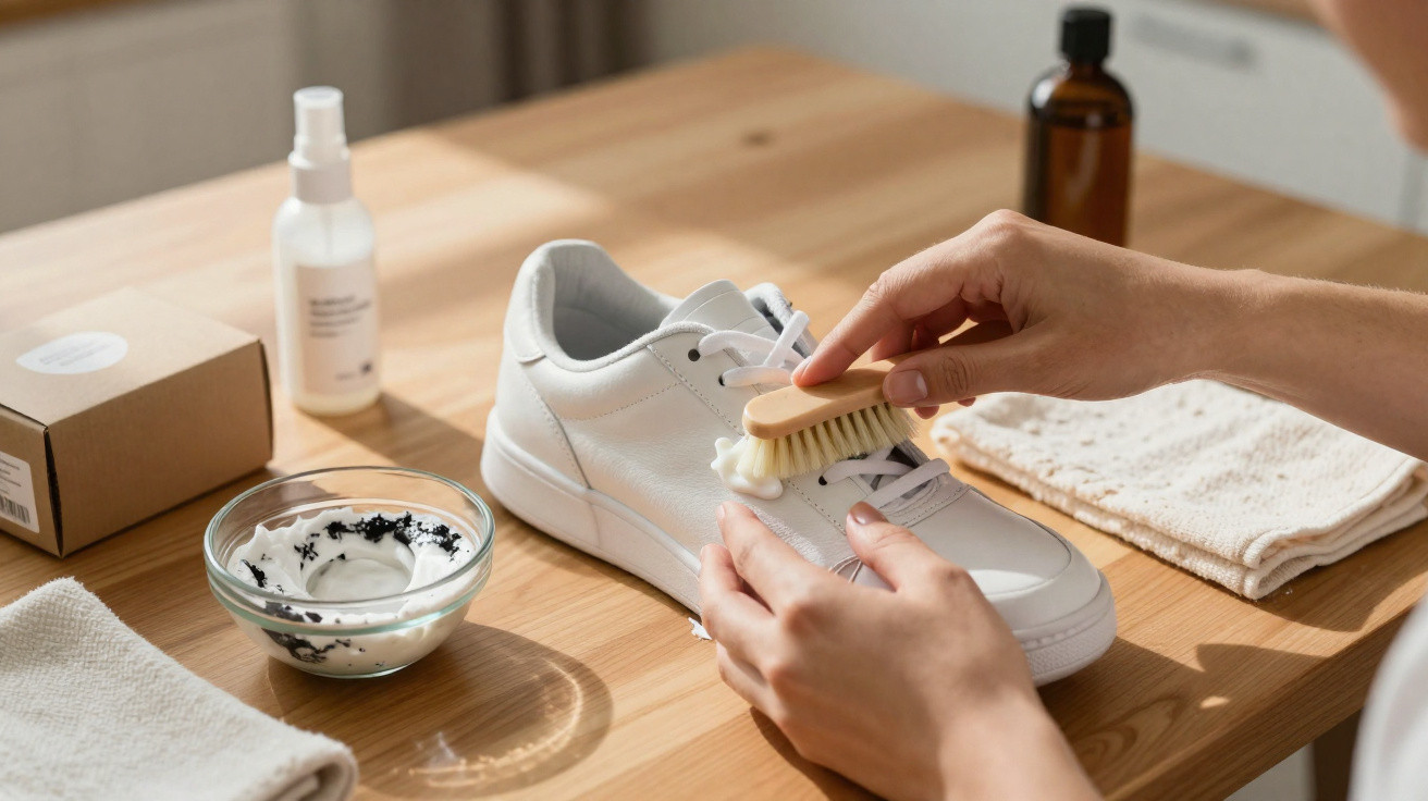 Pessoa a limpar sapatilha branca com escova e creme, sobre mesa de madeira com toalha e spray.