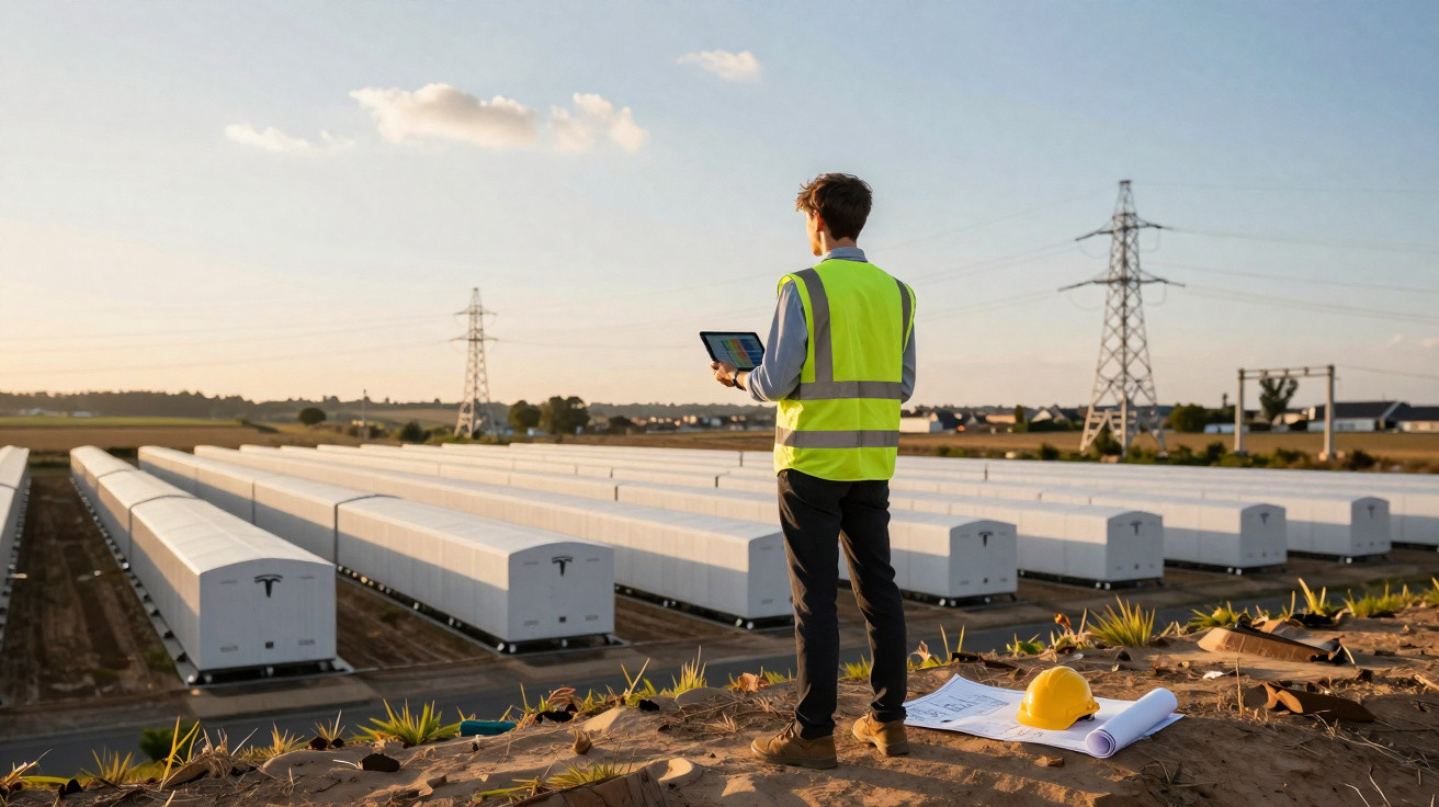 Engenheiro de segurança com colete refletor a analisar data center Tesla ao ar livre no final da tarde.