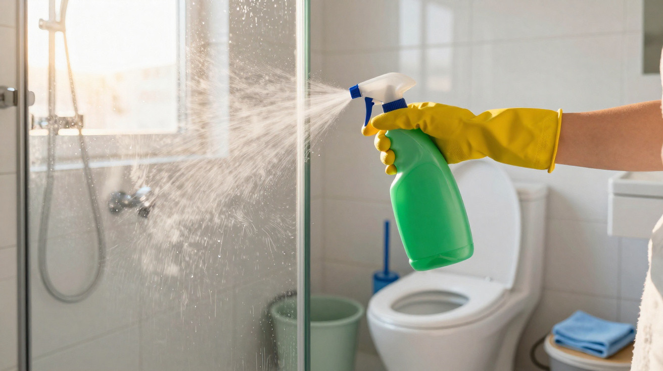 Pessoa com luva amarela borrifando produto de limpeza no vidro do chuveiro numa casa de banho.