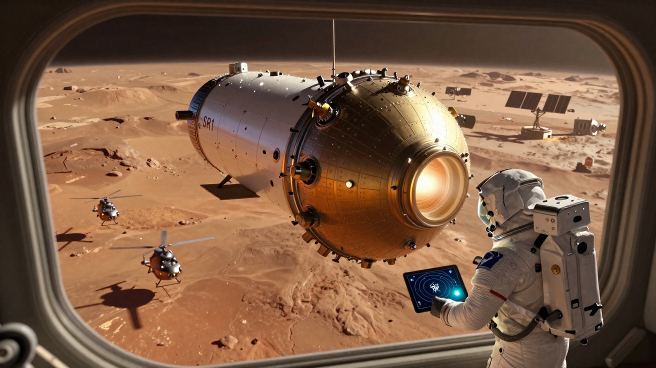 Astronauta observa módulo espacial com drones em superfície árida de Marte vista por janela.