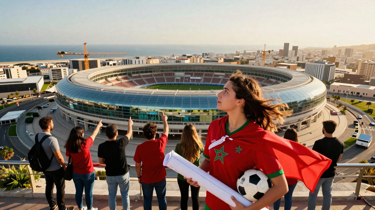 Jovem com camisola de futebol de Marrocos segura bola e projeto junto a grupo, com estádio moderno e cidade ao fundo.
