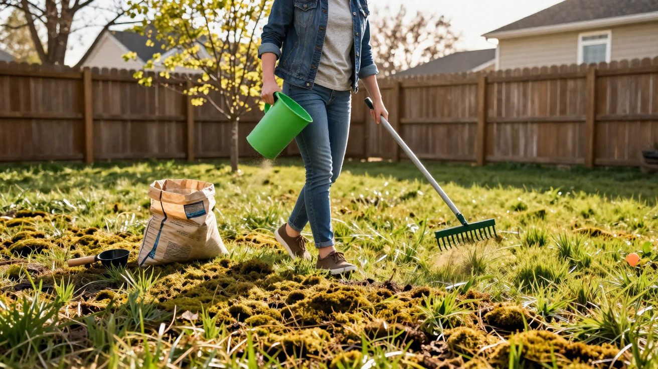 Pessoa a cultivar um jardim com roupas casuais, segurando um ancinho e um balde verde no terreno coberto de musgo.