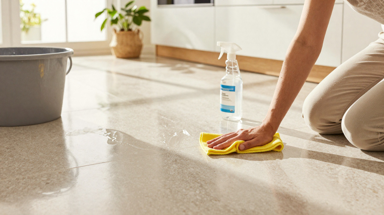 Pessoa a limpar chão molhado com pano amarelo e produto de limpeza em ambiente iluminado.