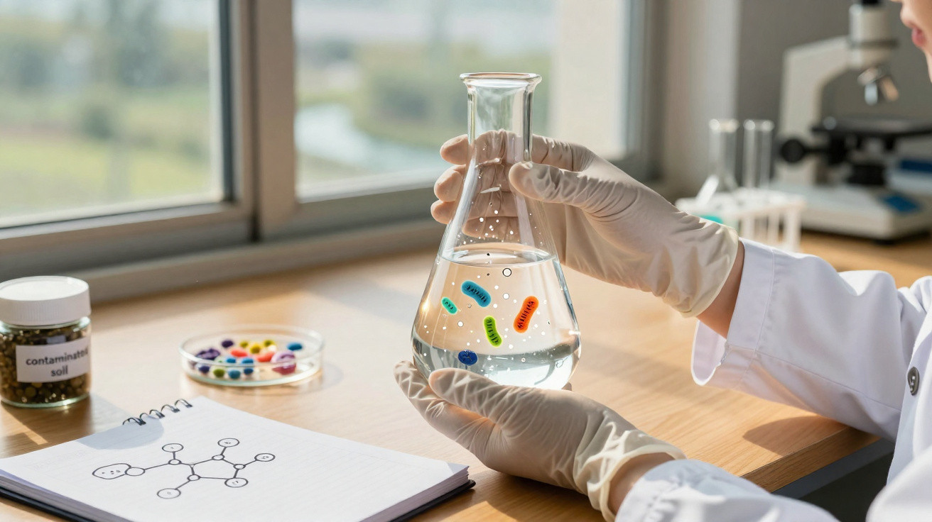 Mãos com luvas a segurar frasco com líquido transparente e ilustrações de microrganismos num laboratório.