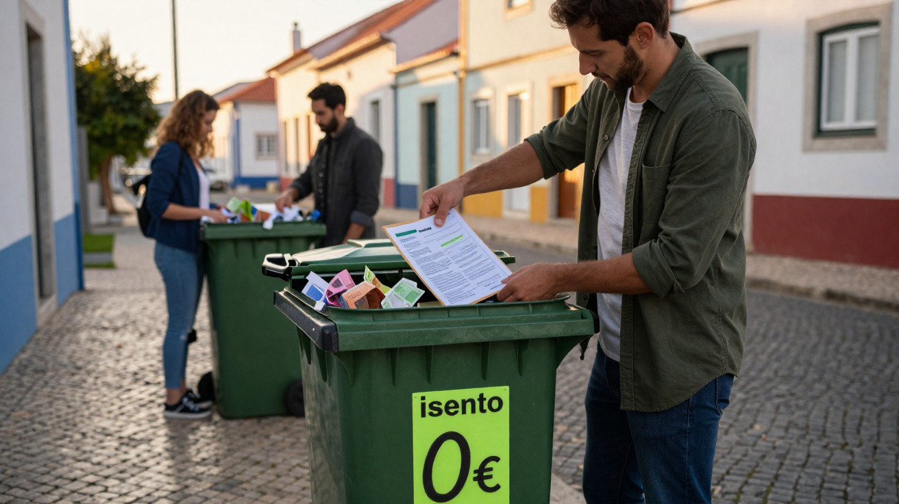 Três pessoas a separar papel para reciclagem em contentores verdes numa rua residencial com casas coloridas.