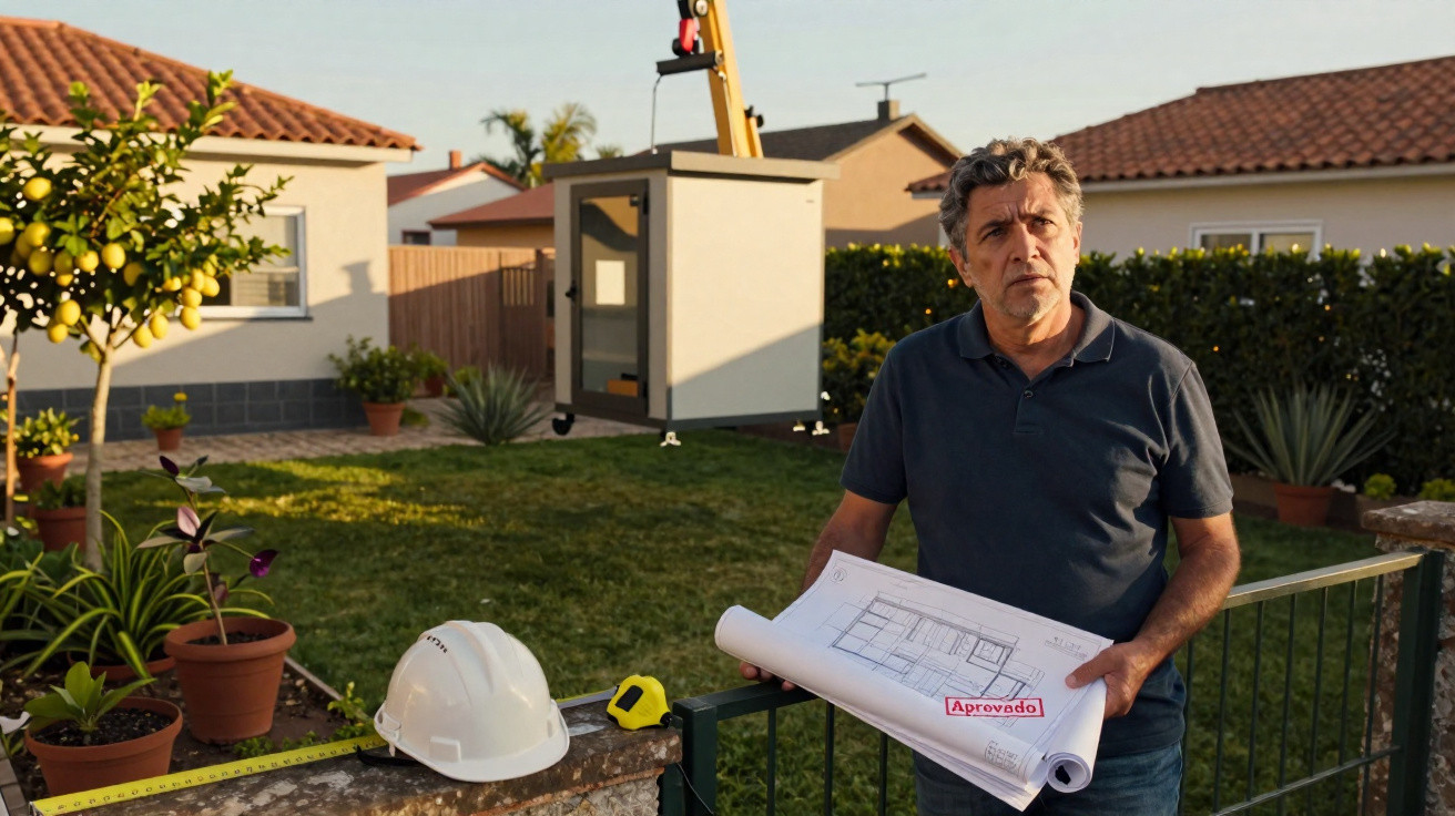 Homem com planta aprovada observa instalação de estrutura suspensa num jardim de casa.