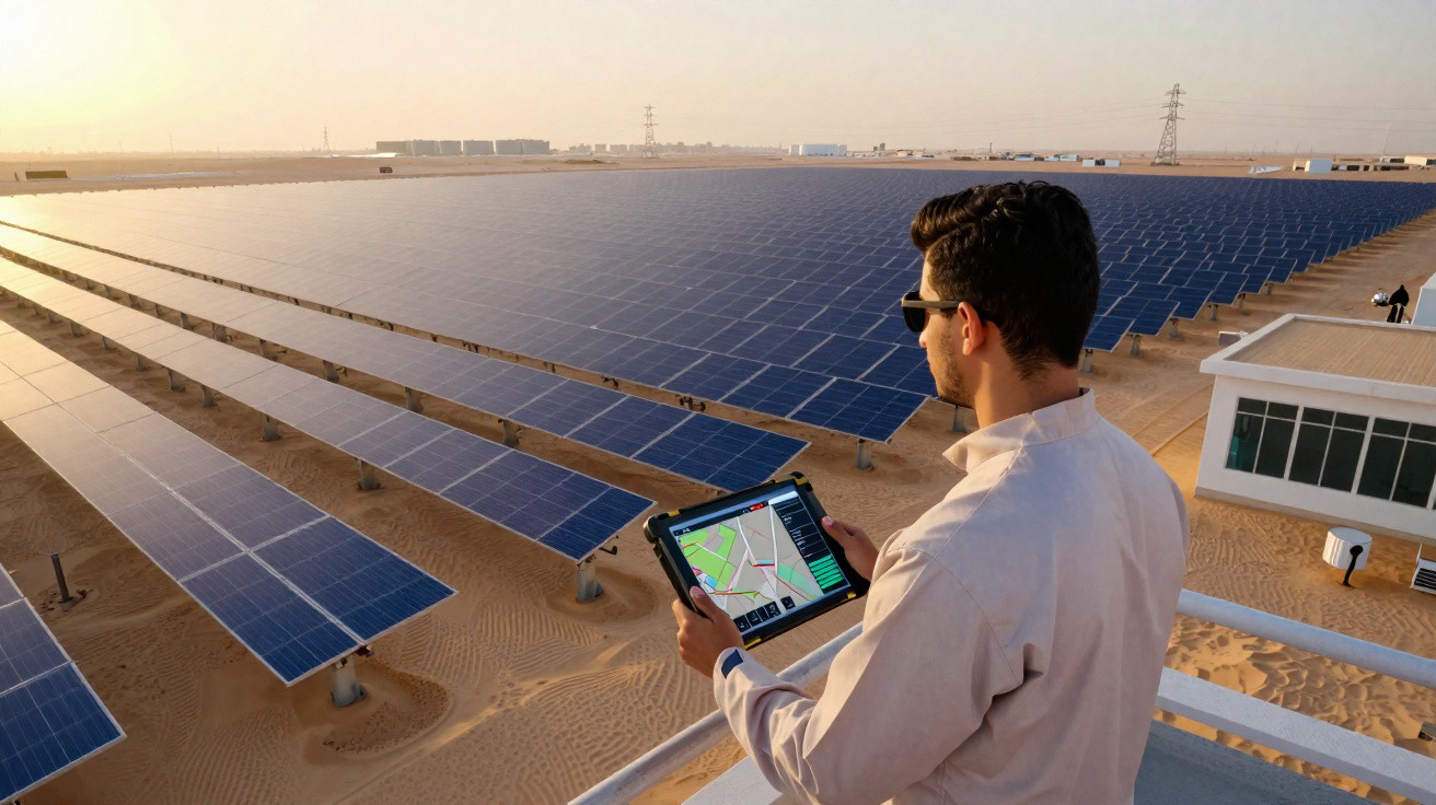 Homem com tablet a inspecionar painéis solares numa grande central fotovoltaica no deserto ao pôr do sol.