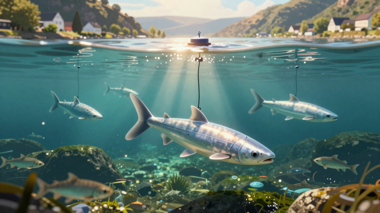 Peixes robóticos submersos perto da superfície da água num rio entre montanhas e casas ao longe.