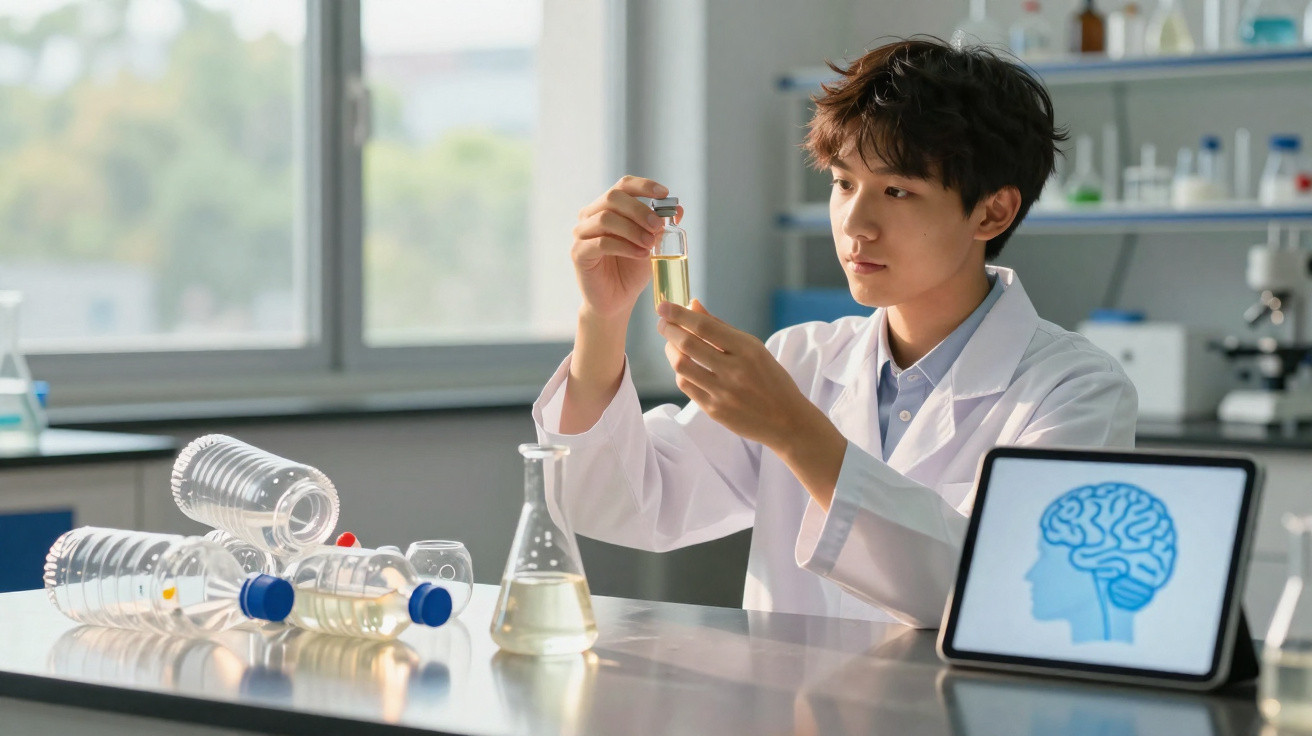 Jovem cientista numa bata branca analisa líquido em frasco num laboratório moderno com imagem de cérebro num tablet.