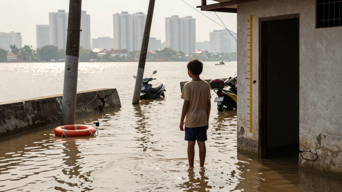 Criança de costas em água de cheias urbanas com edifícios altos ao fundo e motos parcialmente submersas.