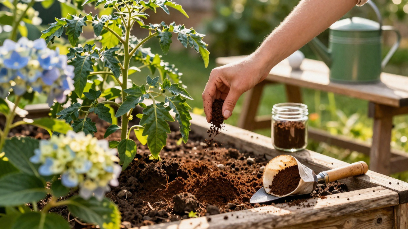 Mão a espalhar composto orgânico numa cama de jardim com plantas e ferramentas de jardinagem ao fundo.