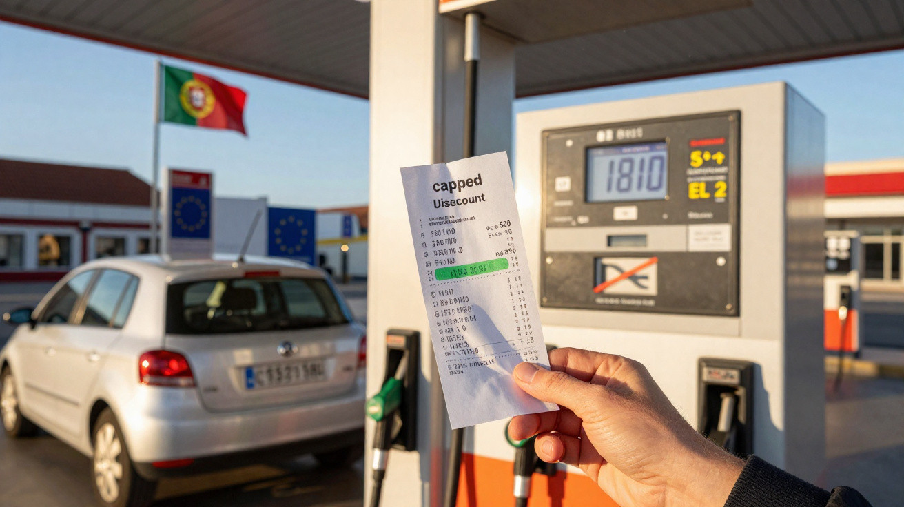 Pessoa segura talão de combustível ao lado de bomba de gasolina num posto em Portugal com bandeira nacional visível.