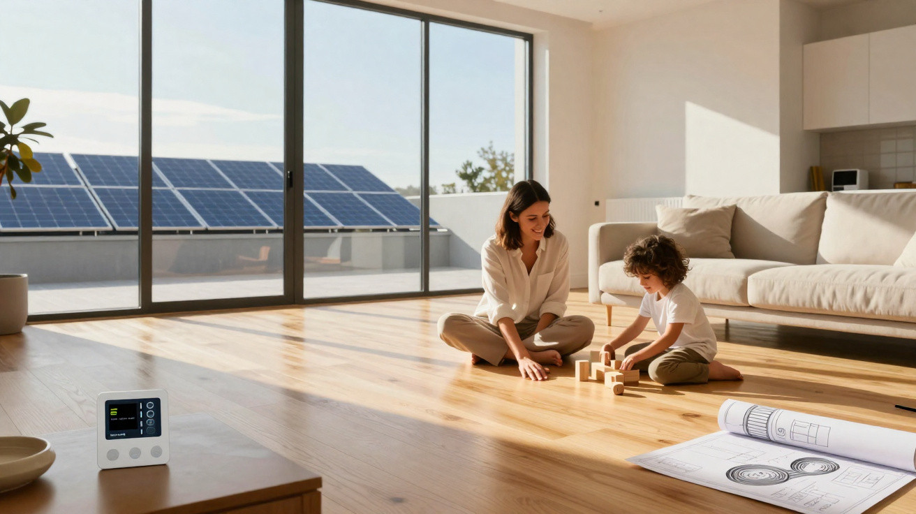 Mulher e criança brincam no chão de madeira de sala com painéis solares no terraço ao fundo.