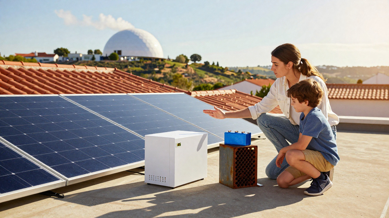Mulher e criança observam painéis solares instalados num telhado sob céu limpo.