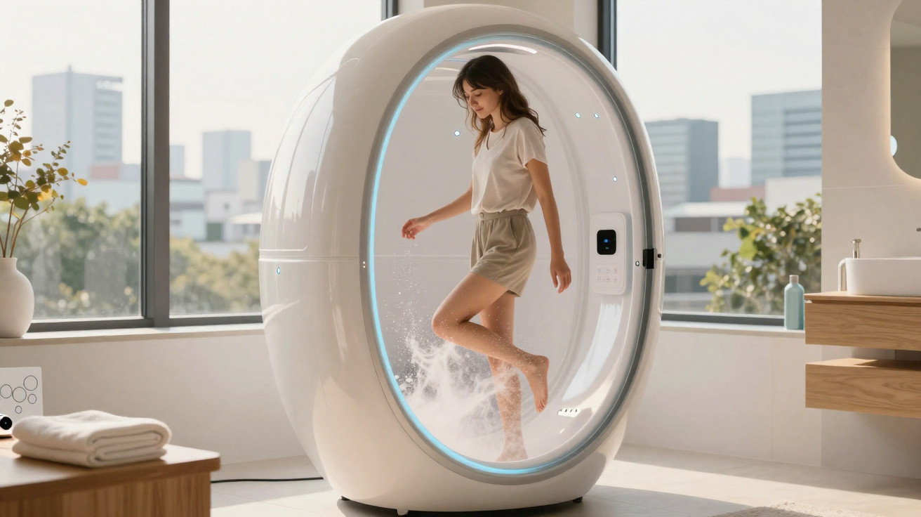 Mulher descalça dentro de cápsula futurista, em ambiente iluminado com janelas amplas e vista urbana.