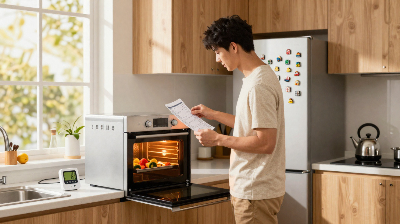 Jovem a verificar receita enquanto cozinha legumes num forno numa cozinha moderna e iluminada.