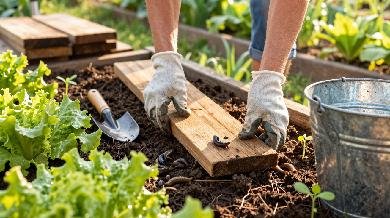 Pessoa com luvas a colocar tábua de madeira no solo de um canteiro de cultivo com alfaces e minhocas.