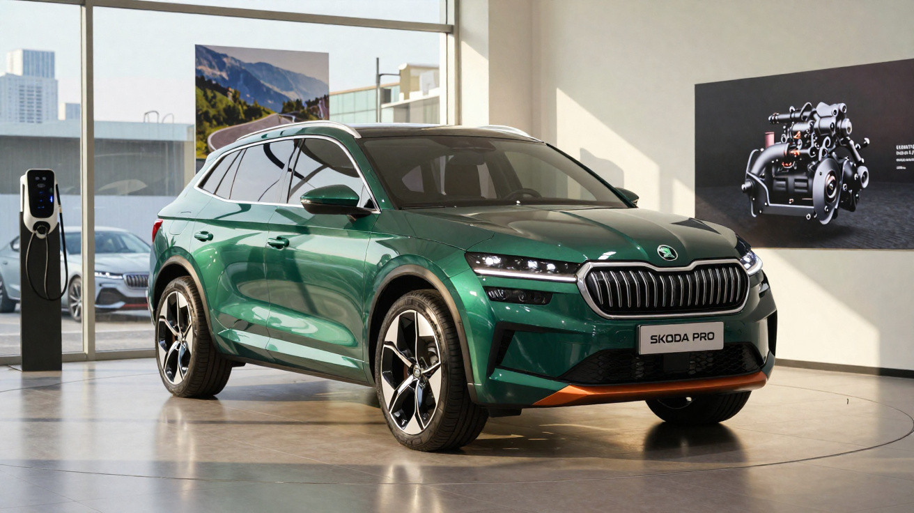 Carro SUV verde metálico Škoda Pro exposto em sala moderna com carregador elétrico e cartaz de motor.