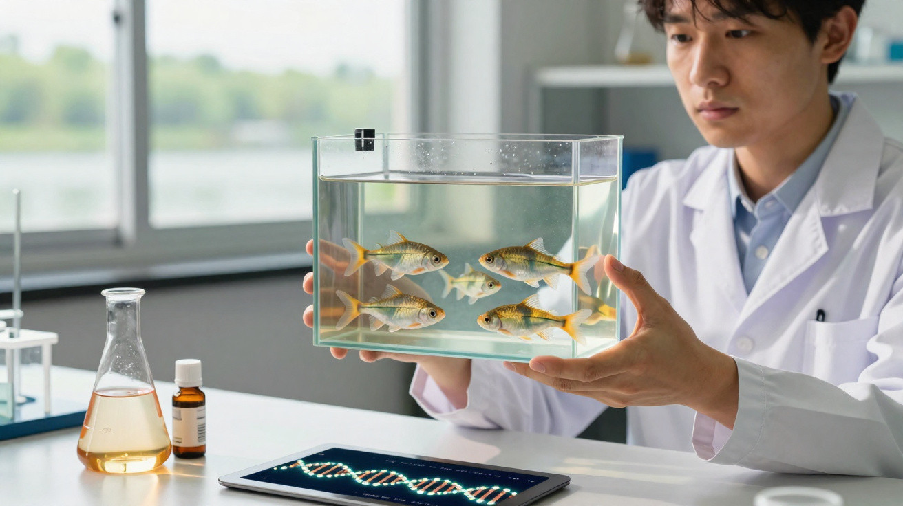 Cientista em laboratório a estudar peixe numa caixa de vidro com equipamentos científicos ao redor.