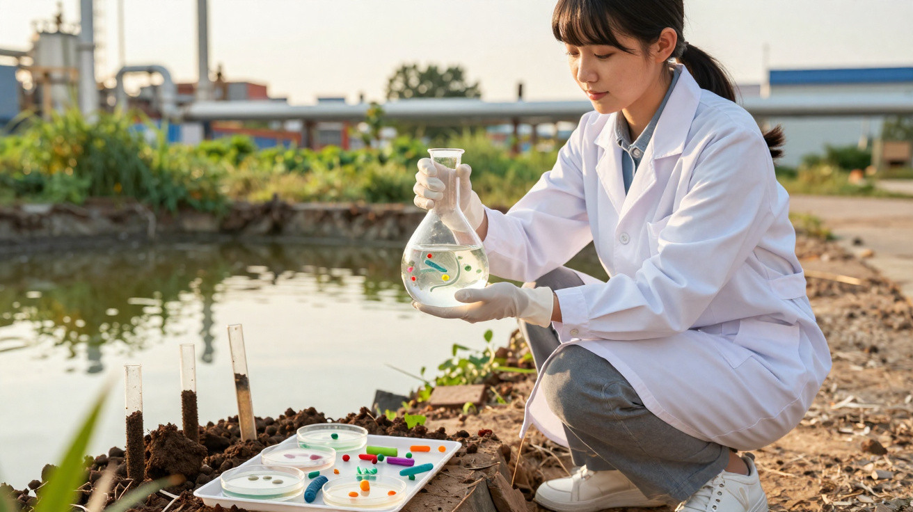 Cientista a analisar amostra de água junto a lagoa com equipamento de laboratório ao ar livre.