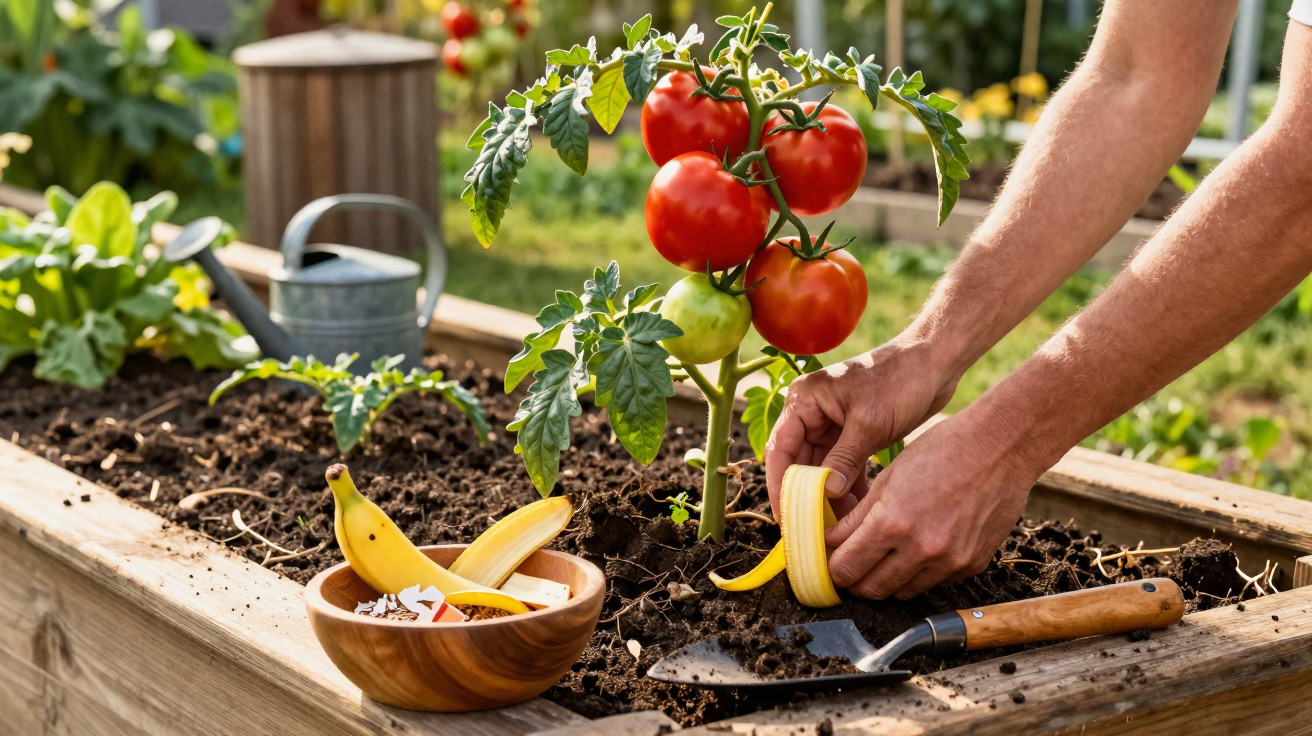 Pessoa a preparar composto orgânico com cascas de banana junto a planta de tomate num canteiro elevado.