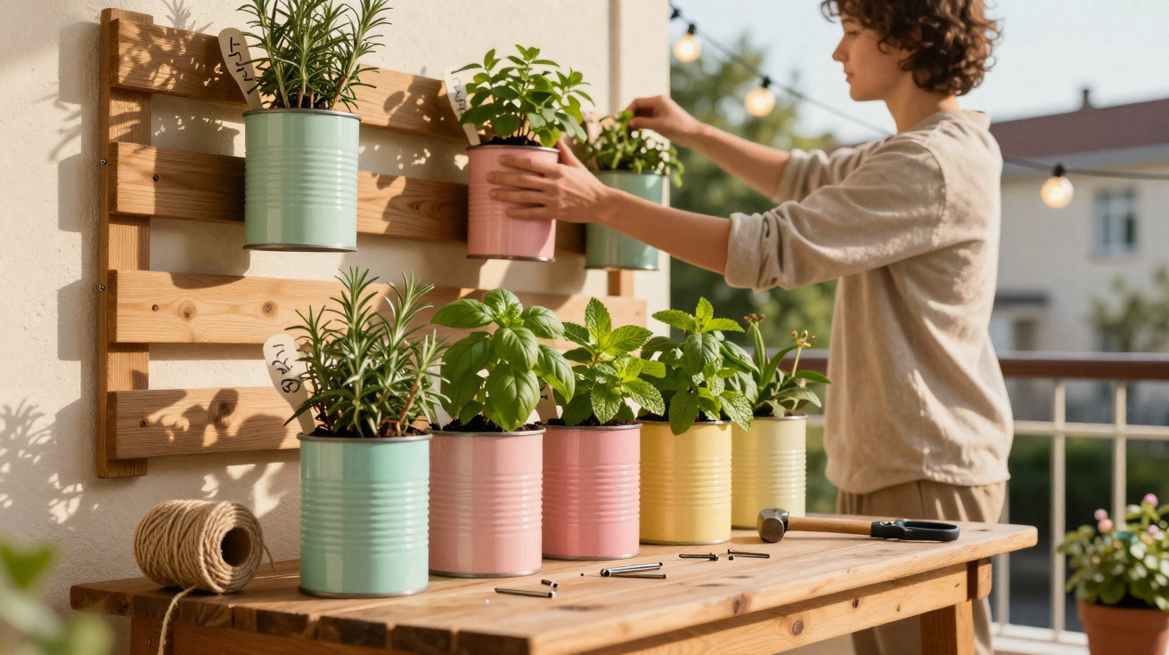 Pessoa a organizar vasos coloridos com plantas num suporte de madeira numa varanda ao ar livre.