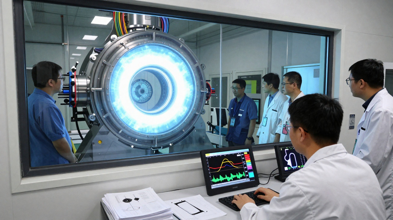Investigadores em laboratório observam e controlam equipamento tecnológico com luz azul intensa através de vidro.