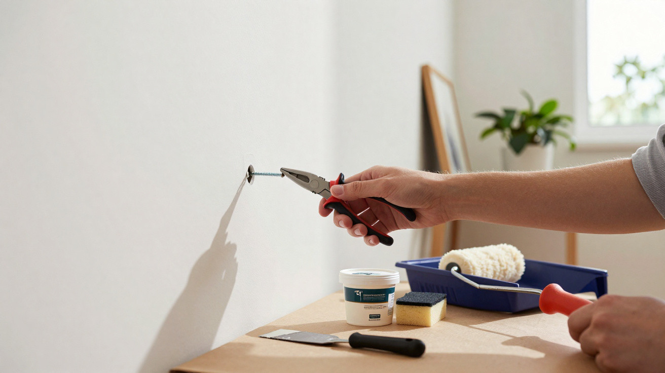 Pessoa a apertar parafuso na parede com alicate, com materiais de pintura numa mesa.